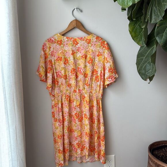 Rewind Floral Bright Colorful Button Front Flutter Sleeve Skater Dress - Picture 7 of 8